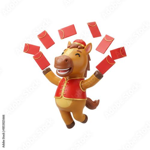 Happy horse character celebrating Chinese New Year with red envelopes.