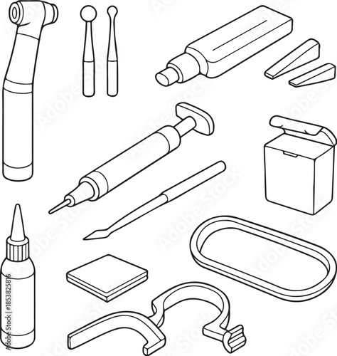 Dental Restorative Prep Mini Station Line Art Tools Set.eps