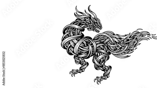 Detailed monochrome illustration of a mystical dragon composed of interwoven fibers