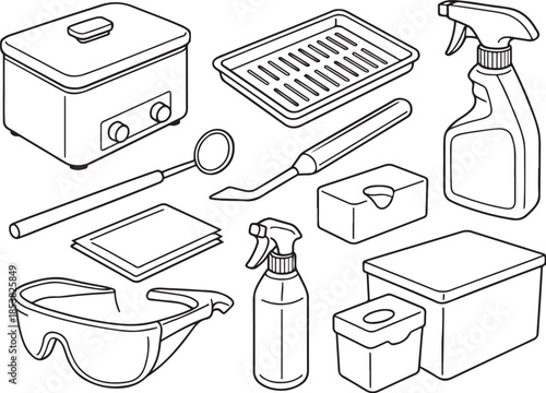 Dental Cleaning and Sterilization Daily Tools Line Art Set.eps