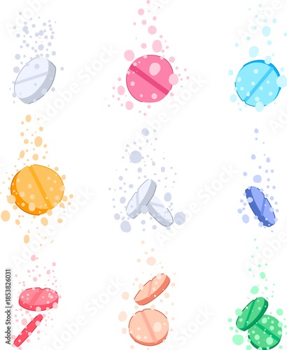 Group of colorful effervescent tablets and pills dissolving in a liquid, generating a reaction with ascending bubbles representing solubility, relief, and fast acting medicine delivery