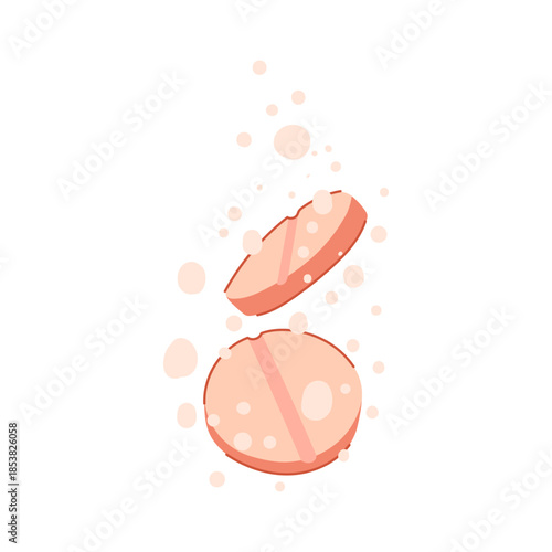 Effervescent tablet dropping into liquid and dissolving, releasing bubbles and fizz to illustrate fast acting soluble medicine, supplement or vitamin for quick relief and health care