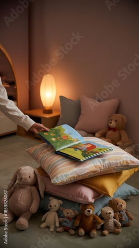 Person reading a children's book on stacked cushions with stuffed animals 