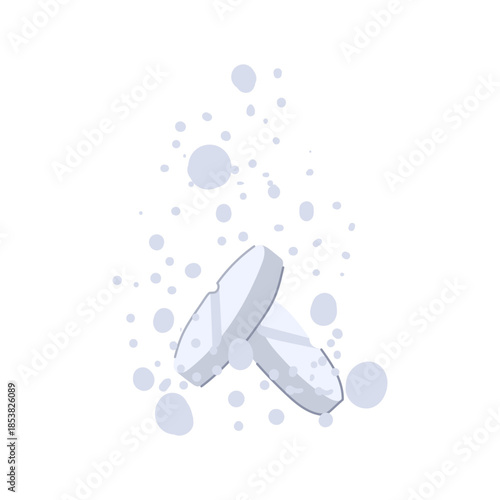 Effervescent tablets falling in water, dissolving and releasing bubbles with fizzing action, symbolizing quick solution, health, and fast acting medicine or remedy