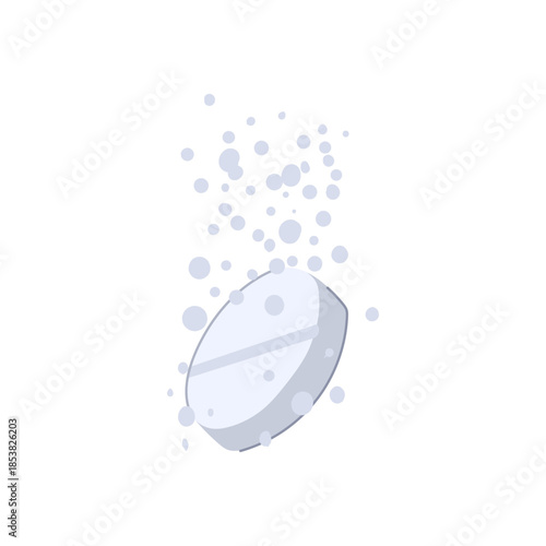 Effervescent tablet fizzing and dissolving in clear liquid, releasing streams of carbon dioxide bubbles to convey fast acting relief, medicine, and rapid health recovery