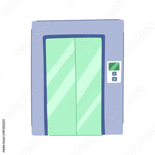 Modern elevator doors with an active digital display and up down call buttons, representing concepts of accessibility, convenience, and vertical transportation within buildings