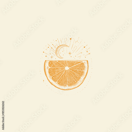 Vintage hand-drawn illustration of a half-sliced lemon or orange, depicted as a celestial body with a crescent moon rising above it