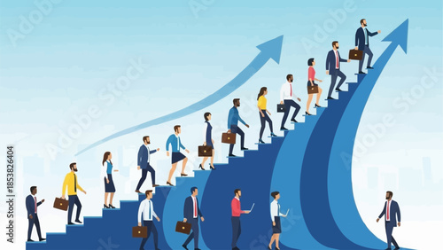 Diverse group of professionals ascending a dynamic upward graph representing career growth and success.