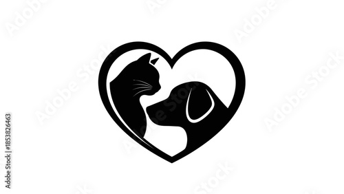 Minimalist pet love symbol featuring a cat and dog silhouette within a heart shape