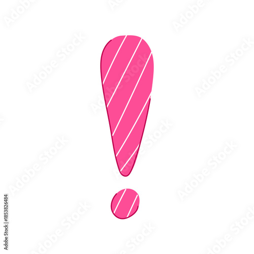 Attention grabbing pink exclamation mark with diagonal white stripes highlighting concepts of warning, importance, urgency, and notification, designed in a playful and clear graphic style