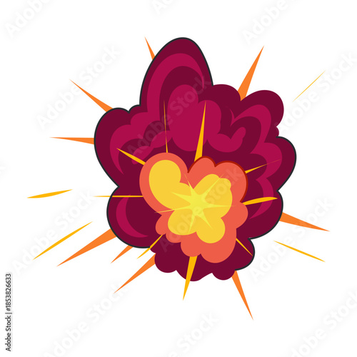 Cartoon explosion graphic creating a powerful fiery burst with smoke and radiating energy, symbolizing impact, danger, or a sudden event, depicted in a vibrant comic book style