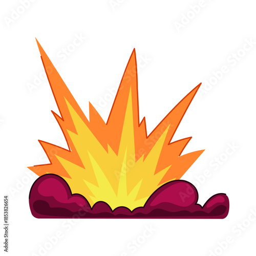 Stylized explosion effect depicts a fiery blast with radiating orange and yellow flames against a dark red smoke cloud, generating a powerful visual impact