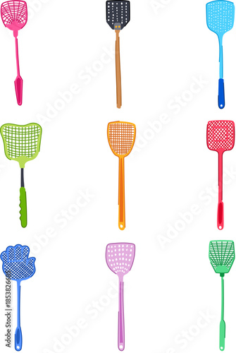 Nine distinct fly swatters in various colors and designs are arranged neatly on a white background, symbolizing diverse tools for insect extermination and home hygiene