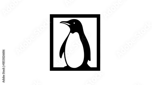 Minimalistic black and white penguin illustration framed inside a square shape