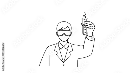 Illustration of a scientist holding a test tube with bubbling liquid in a white background