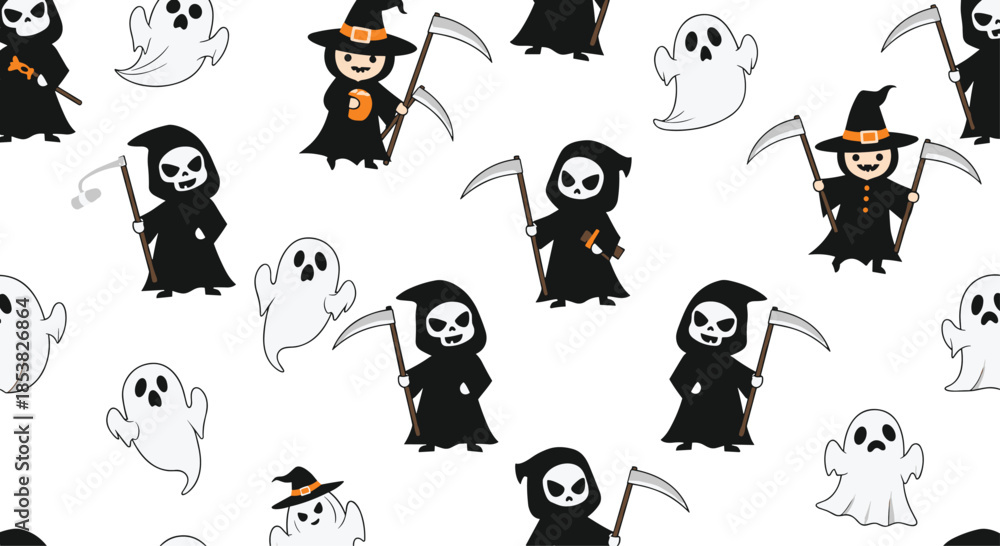 Fototapeta premium Seamless pattern of spooky Halloween characters including ghosts grim reapers and witches on a white background for festive textiles.