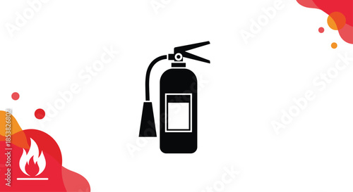 Black silhouette of a fire extinguisher set against a white background with red and orange abstract liquid splashes.