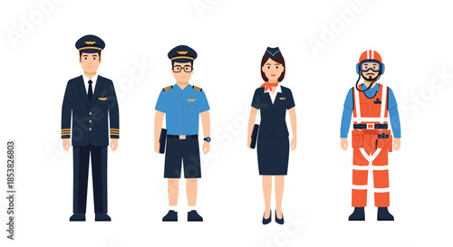 Group of four airline employees including pilots, a flight attendant, and ground crew in their professional uniforms.