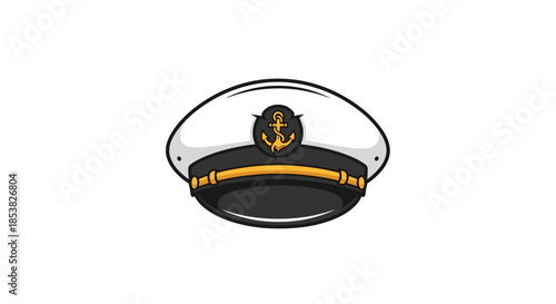 Detailed illustration of a white sailor or captain hat with a black brim and a gold anchor emblem in the center.