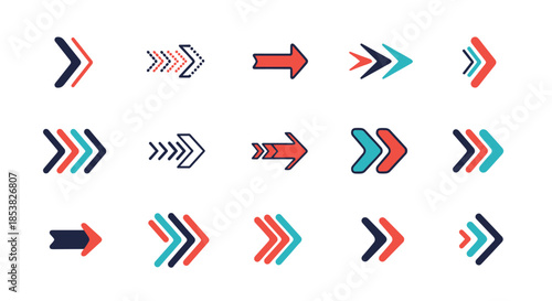 Large set of colorful arrow icons in various styles like double, dotted, and thick shapes for web and app navigation.
