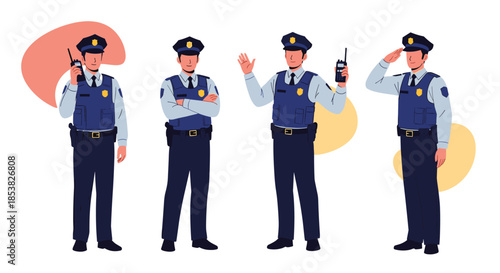 Four illustrations of a male police officer character in different poses including using a radio and giving a salute.