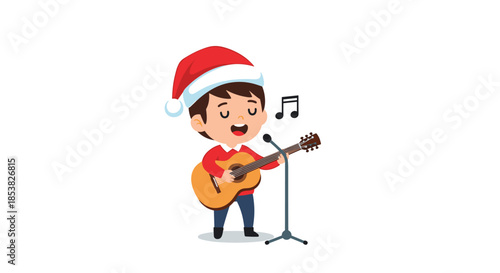 Cute boy wearing a festive Santa hat singing into a microphone and playing an acoustic guitar for a Christmas show.