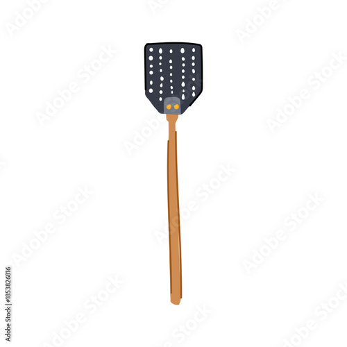 Fly swatter featuring a perforated dark head and a long brown handle, representing a common pest control method for eliminating flying insects indoors and outdoors