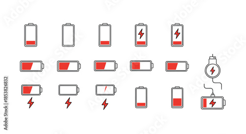 Large collection of battery status icons showing different levels of charge and charging indicators in bright red.