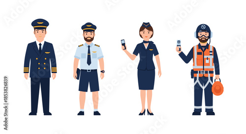 Set of four airline staff characters including pilots and flight crew in various professional uniforms and gear.