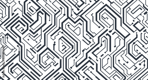 Detailed abstract pattern resembling a digital circuit board with intricate black lines and connection nodes.