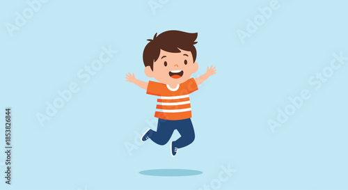 Joyful cartoon boy jumping in the air with hands raised feeling happy and excited over a light blue background for children concept.