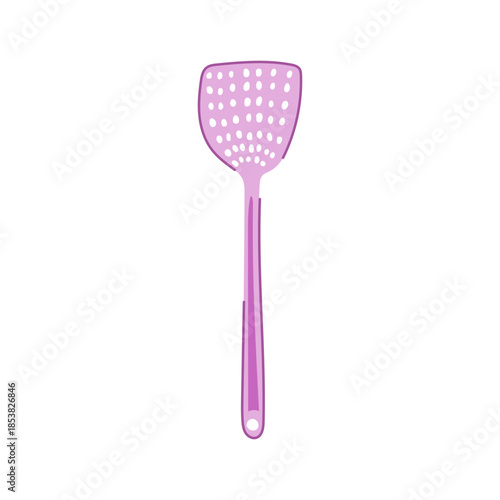 Long handled kitchen spatula with a perforated slotted head for flipping, draining and serving food, modern colorful plastic design on white background, cutout illustration