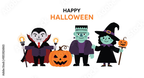 Happy Halloween celebration banner featuring cute cartoon vampire frankenstein witch and pumpkin characters on white background.