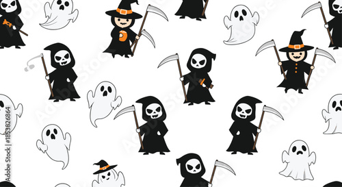 Seamless pattern of spooky Halloween characters including ghosts grim reapers and witches on a white background for festive textiles.