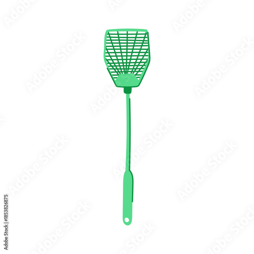 Green plastic fly swatter with a grid head and long handle, a common household tool for physical removal and management of bothersome flying insects and pests