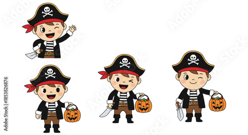 Set of cute cartoon pirate boy characters in different poses wearing costumes and holding pumpkins for Halloween celebration.