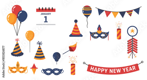 Collection of festive party elements and holiday icons including balloons masks and fireworks for New Year celebration design.