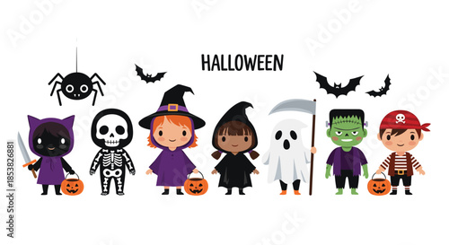 Adorable children dressed in various Halloween costumes standing together for celebration including witch skeleton and pirate.