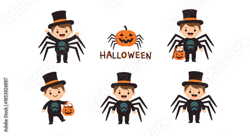 Cute set of cartoon boy characters wearing spider costumes and top hats for Halloween trick or treat fun with pumpkins.
