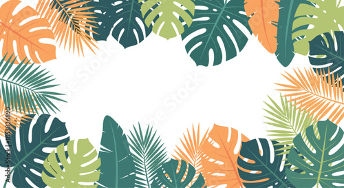Vibrant tropical leaf frame featuring colorful monstera palm and banana leaves for exotic summer and vacation themes.