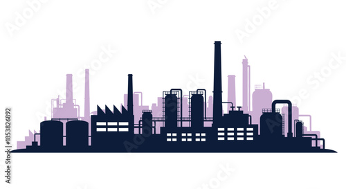 Industrial factory skyline silhouette with smoke stacks and processing plants over a purple hazy background for urban city concept.