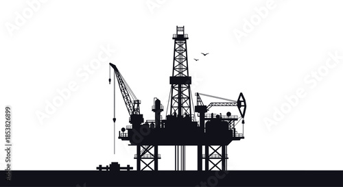 Detailed silhouette of an offshore oil rig platform at sea for energy production and industrial petroleum exploration concept.