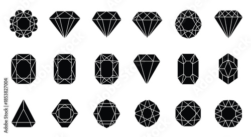 Diverse collection of gemstone and diamond cut silhouettes in black representing various jewelry shapes and luxury items.