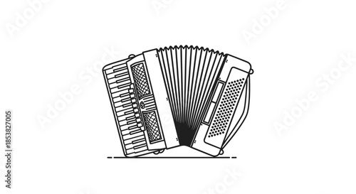 Detailed line art illustration of a traditional musical accordion showing keys and bellows on a clean white background.