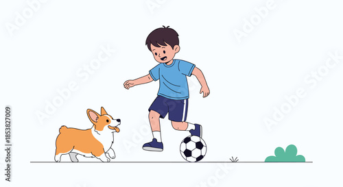 Cheerful illustration of a young boy playing soccer with his cute corgi dog on a sunny day in an outdoor setting.