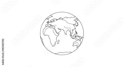 Minimalist line art drawing of the Earth globe showing continents for global connectivity and environmental themes.