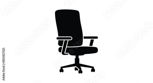Ergonomic black office chair silhouette on wheels for workspace design and corporate office environment illustrations.