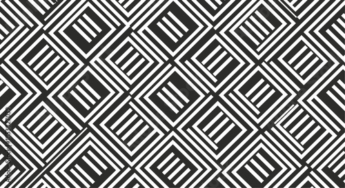 Modern black and white geometric seamless pattern featuring squares and diagonal lines for abstract background design.