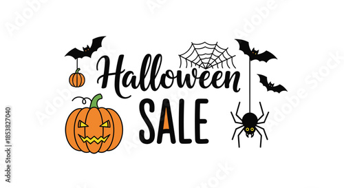 Hand drawn style Halloween sale banner featuring a large jack o lantern, a black spider, and bats on a white background.