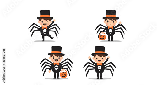 Set of cute cartoon boys wearing black spider costumes with top hats for Halloween trick or treat celebrations.